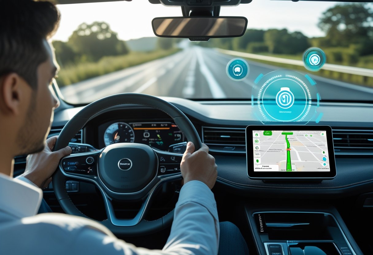 A driver holding a steering wheel with a GPS device on the dashboard showing a map, inside a car on a clear road.