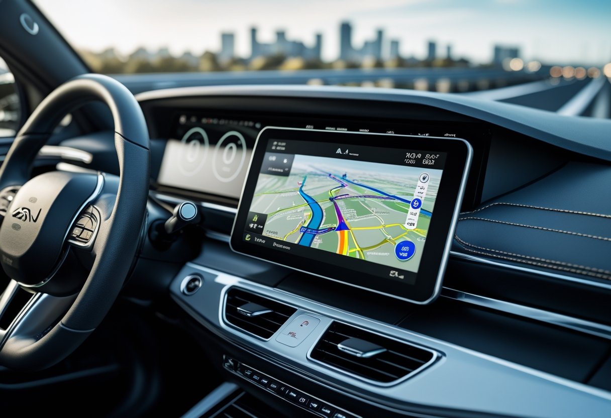 A car dashboard with a GPS navigation system displaying a map and route guidance, viewed from inside the vehicle.