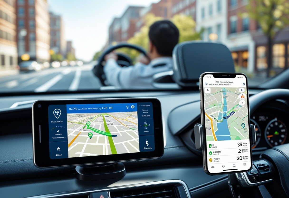 A driver in a car looking at a digital GPS navigation screen and a smartphone showing real-time vehicle location on a map.