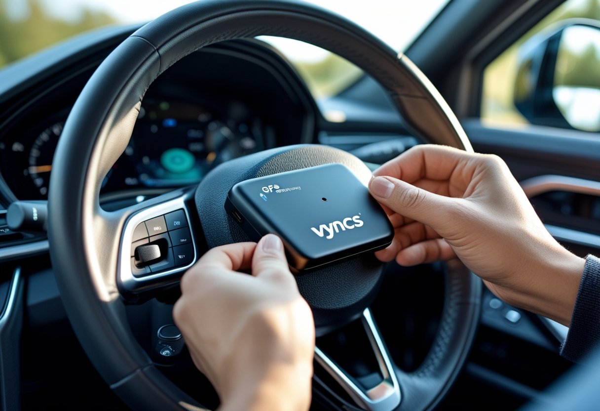 Hands installing a compact GPS tracker device inside a car near the dashboard.