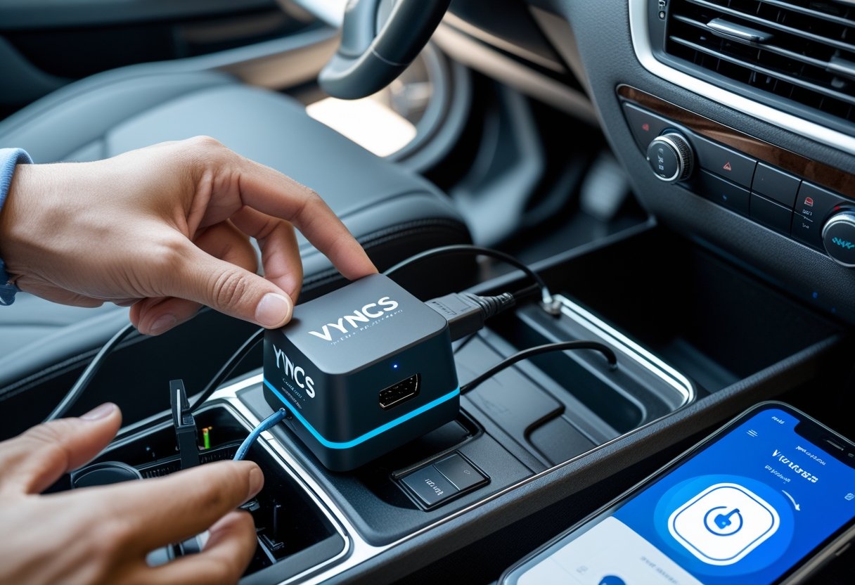 A person installing a Vyncs GPS tracker device in a car by connecting it to the OBD-II port under the dashboard while a smartphone nearby shows the setup process.