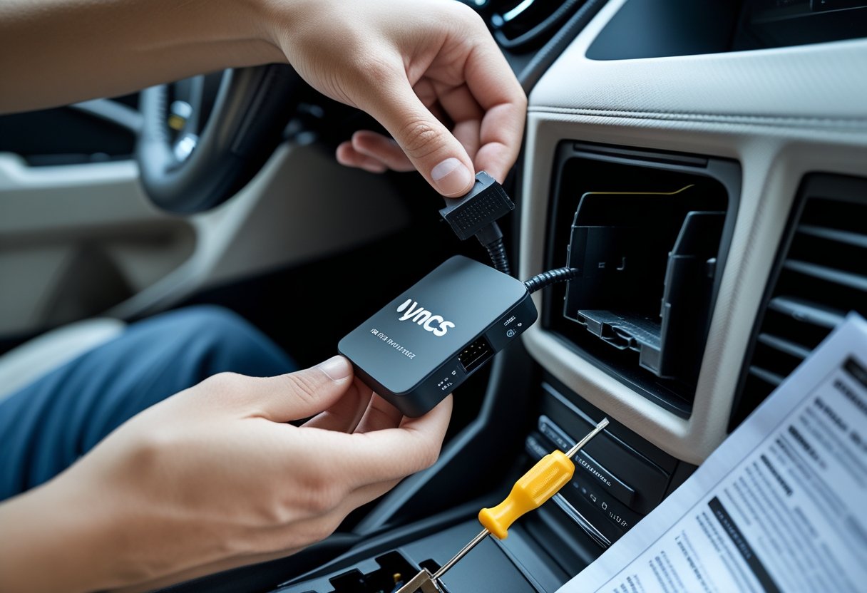 Close-up of hands installing a Vyncs GPS tracker into a car's OBD-II port under the dashboard.