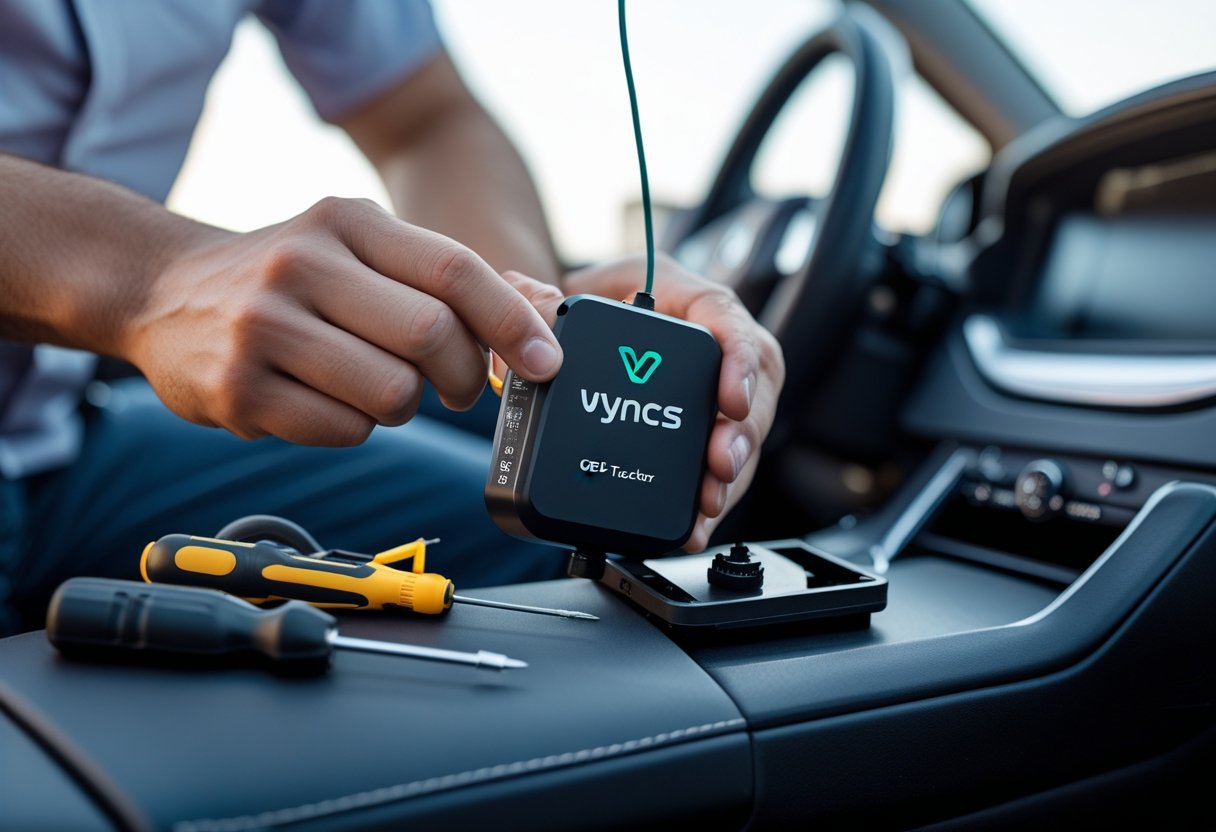 Person preparing to install a GPS tracker inside a car, holding the device and tools near the dashboard.