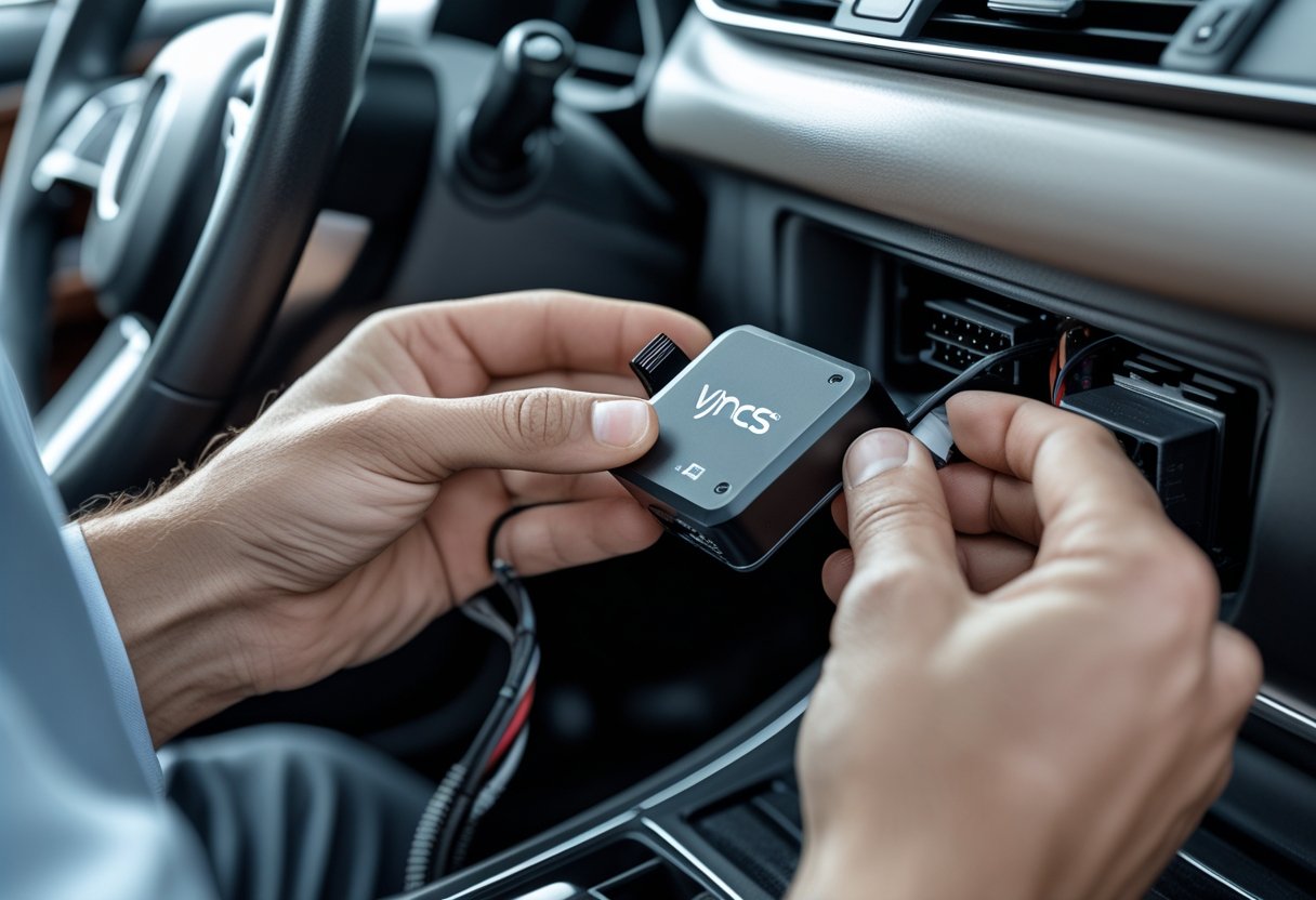 Technician installing a Vyncs GPS tracker device inside a car near the dashboard.