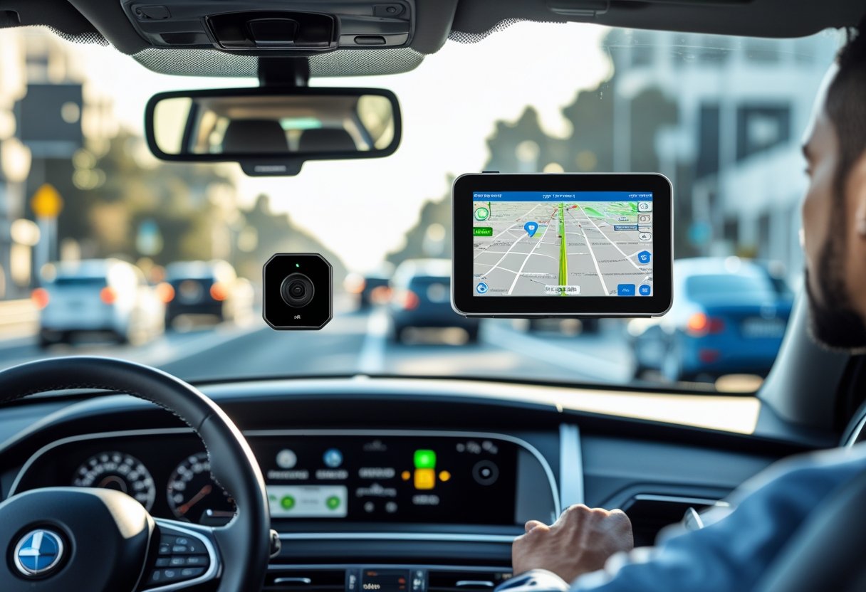 A driver inside a car with a GPS tracker on the dashboard and a camera monitoring the driver, driving on an urban road.