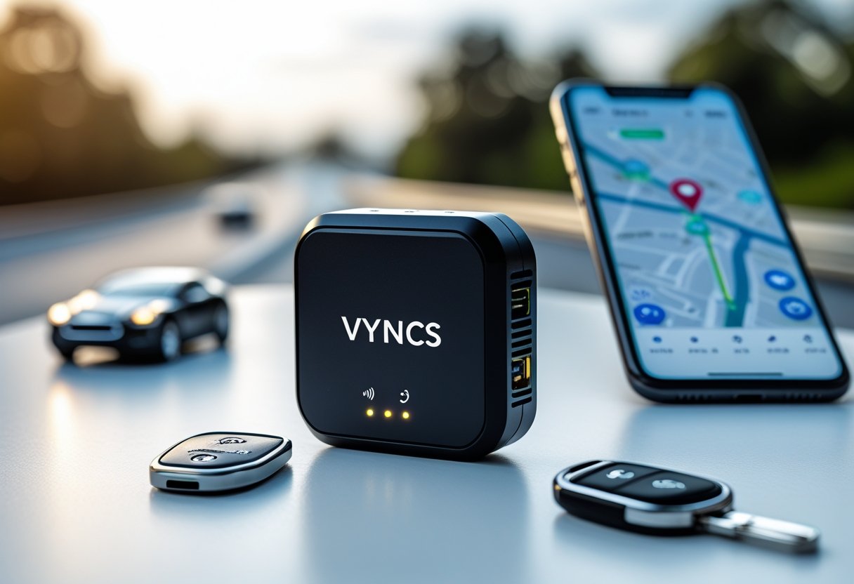 A small black GPS tracker device on a white surface next to a car key fob and a smartphone showing a digital map with a location pin.