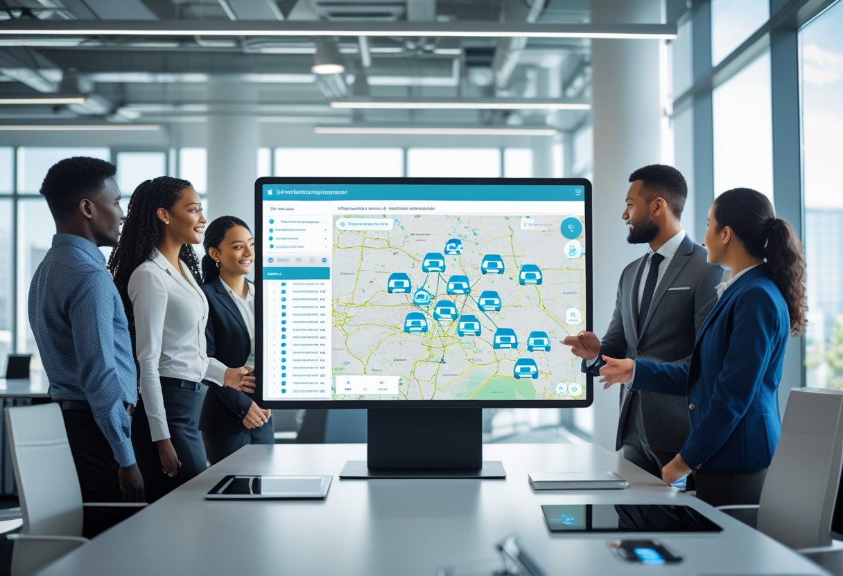 Business professionals in an office looking at a digital map displaying connected vehicles representing fleet management.