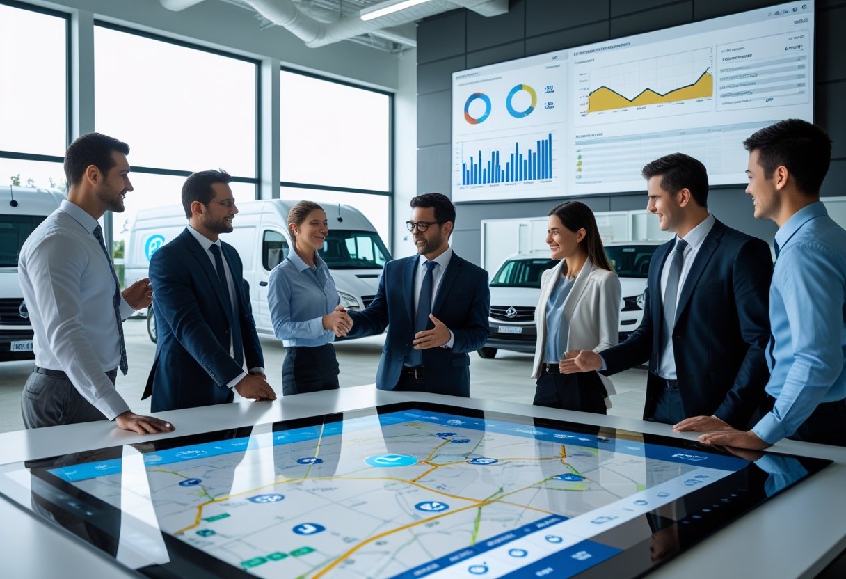 Business professionals collaborating around a digital touchscreen table showing maps and vehicle data in a modern office with commercial vehicles visible outside.