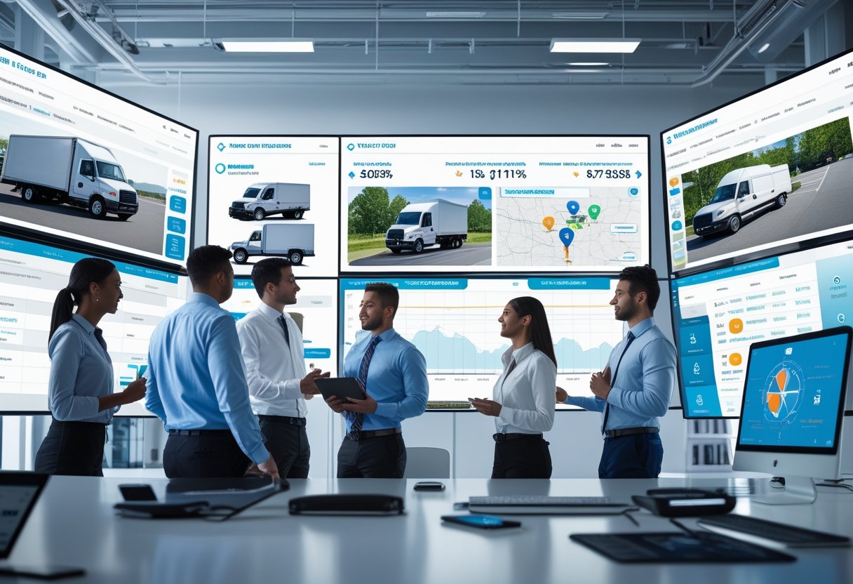 Professionals in an office monitoring multiple digital screens showing real-time vehicle tracking and fleet data.