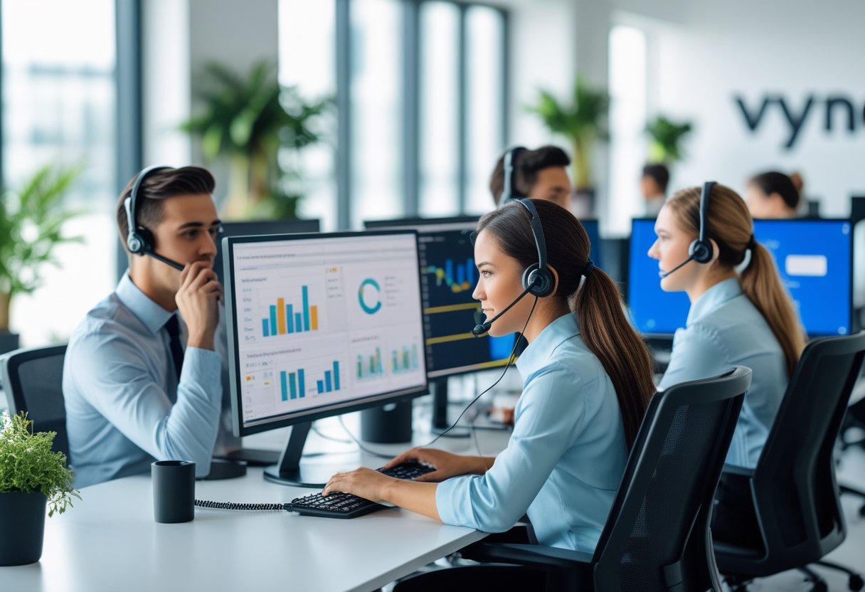 Customer service representatives working at desks with headsets and computers in a bright office environment.