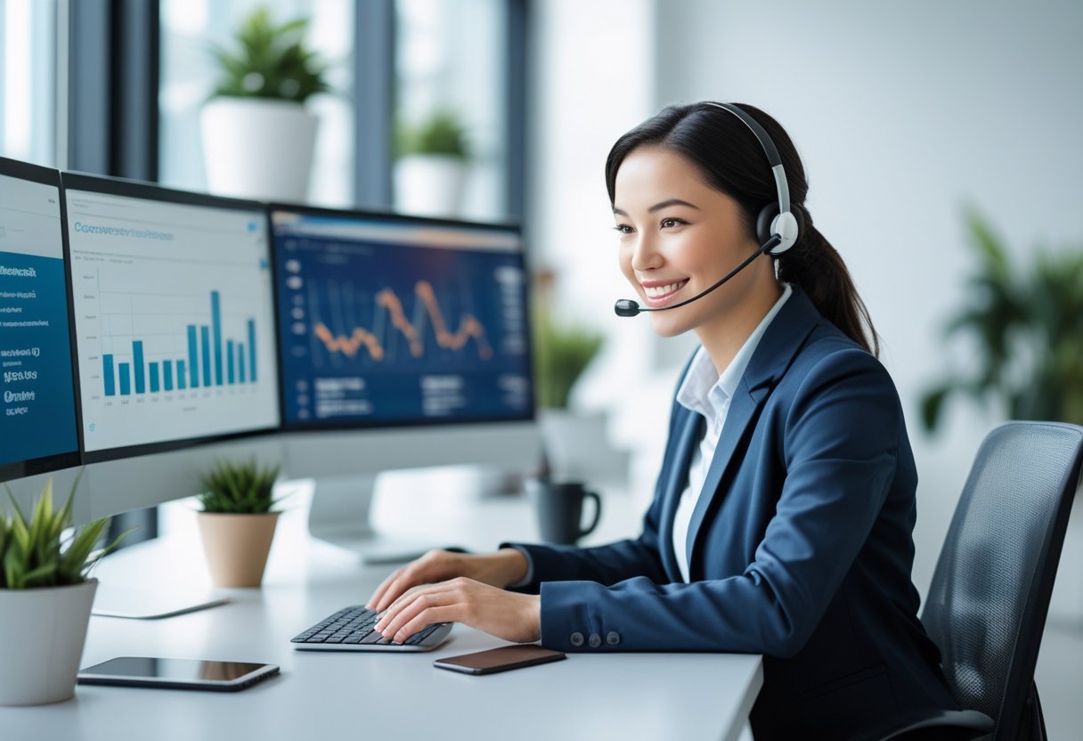 A customer service representative wearing a headset sits at a desk with multiple computer monitors in a bright office, attentively assisting a customer.
