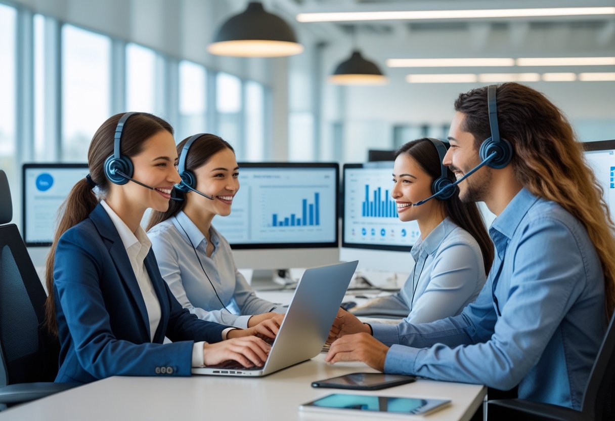 Three customer service representatives wearing headsets working at desks in a bright office, engaging with customers using computers and tablets.