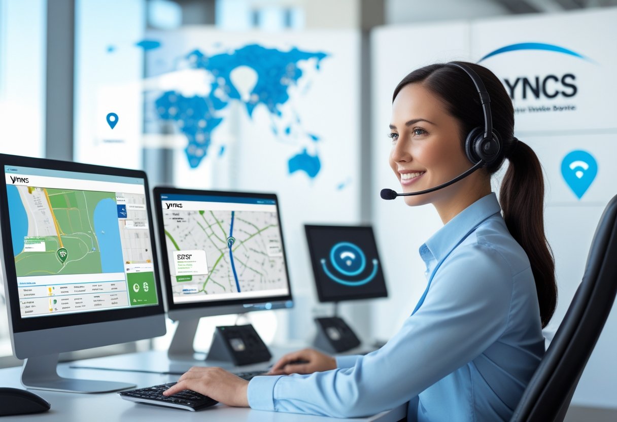 A customer service representative wearing a headset working at a desk with computer screens showing vehicle tracking maps and device information.