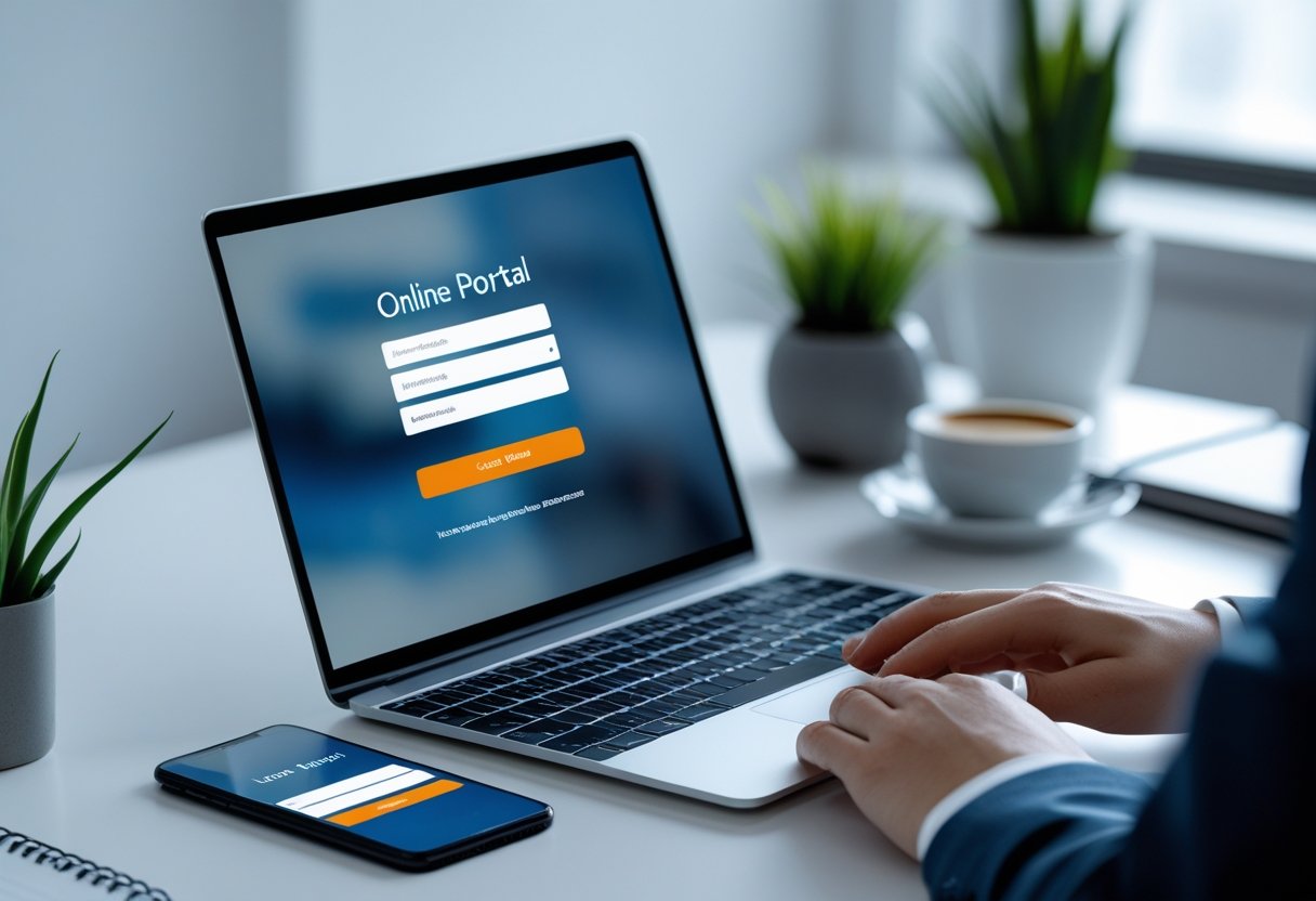 Hands poised over a laptop keyboard on a clean desk with a smartphone nearby, both showing blurred login screens in a modern office setting.