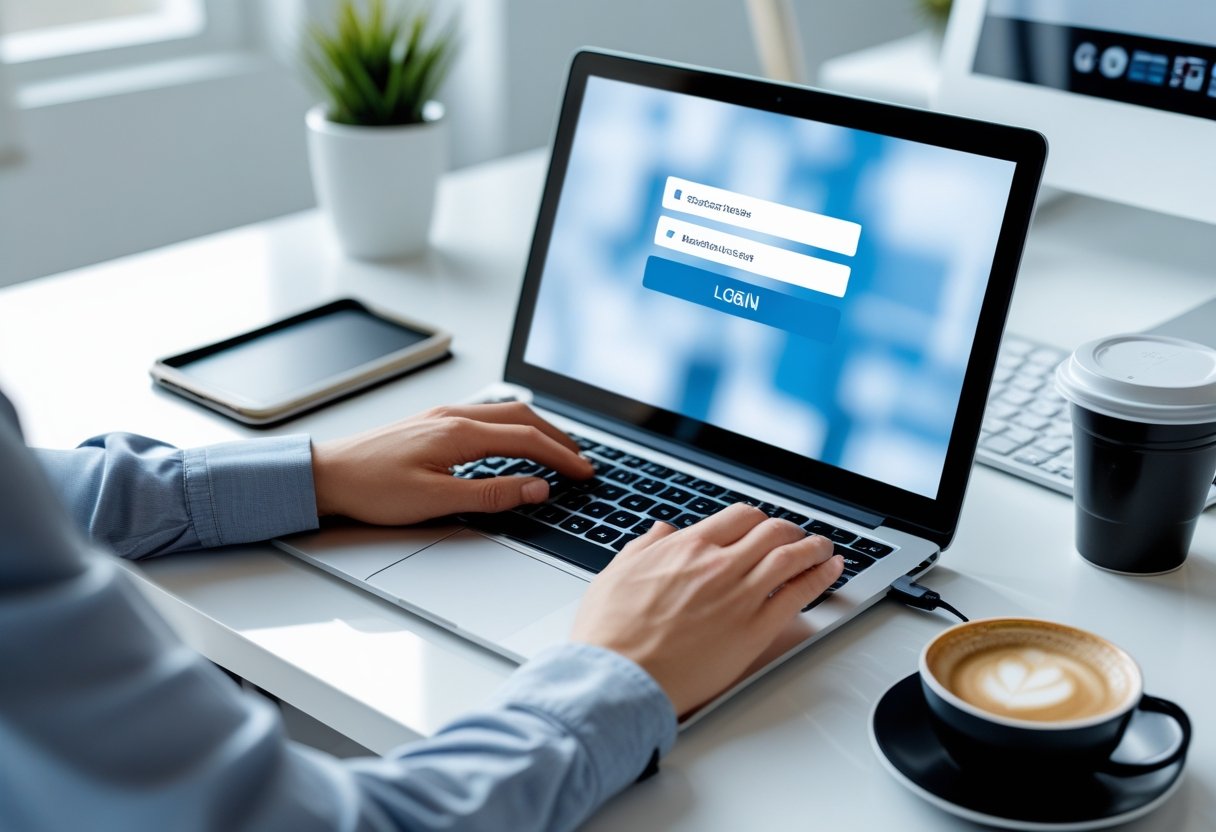 A person typing on a laptop keyboard at a clean desk with office items nearby, focusing on a login screen.
