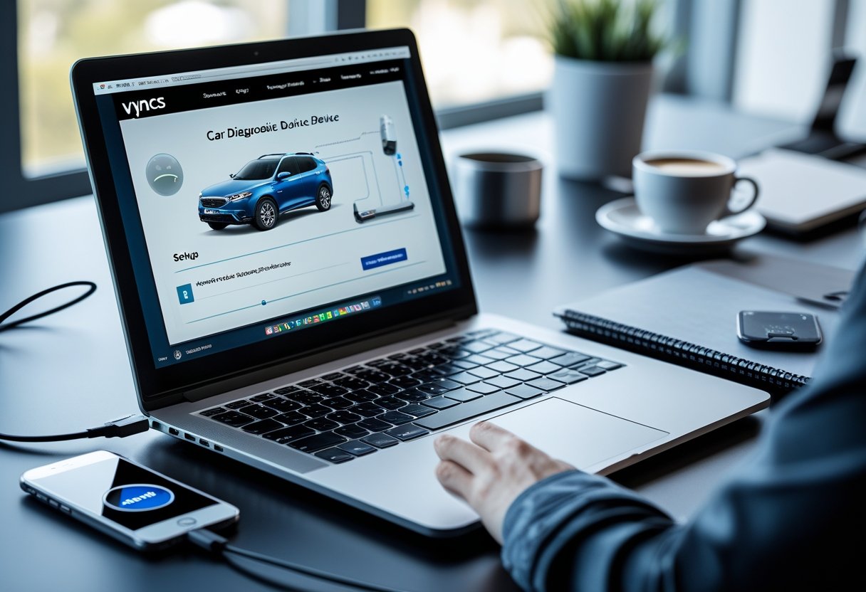 A laptop on a desk showing a car diagnostic device setup interface with a Vyncs device and tech accessories nearby in a bright workspace.