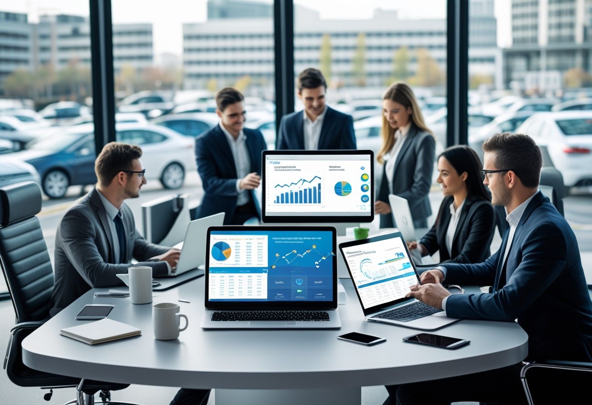 A group of professionals working together at a desk with laptops and tablets showing vehicle leasing data, with a cityscape and cars visible through large office windows.
