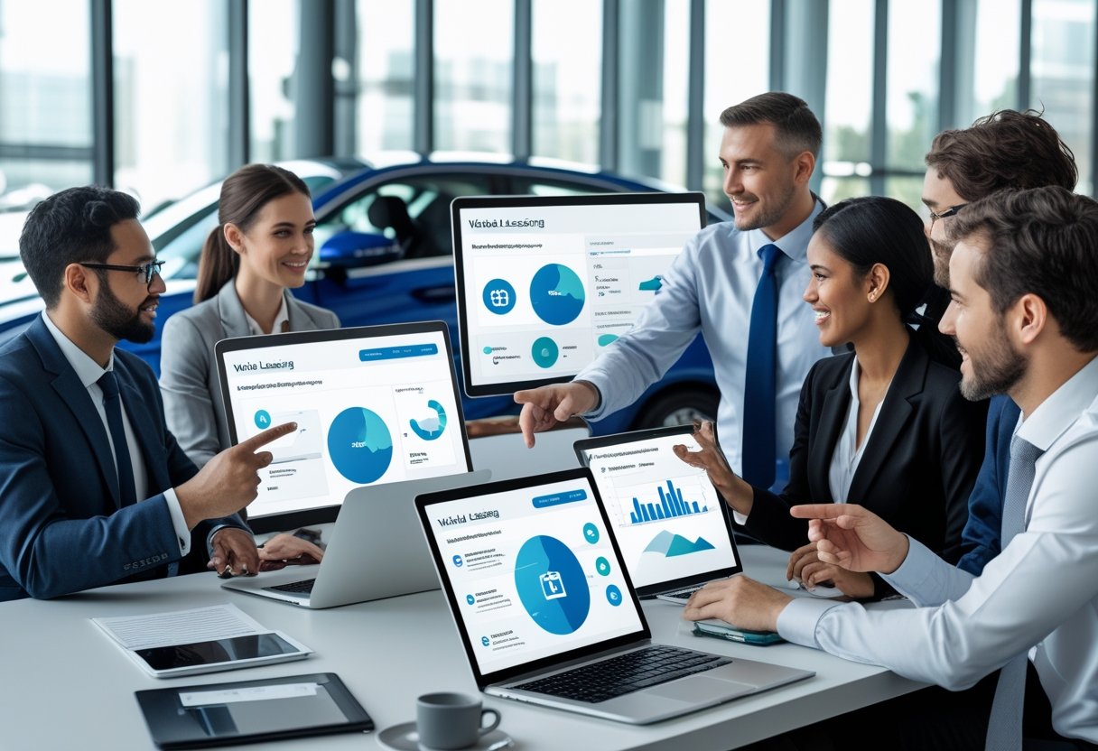Business professionals working together in an office with laptops and tablets displaying vehicle leasing software dashboards, with cars visible outside the window.