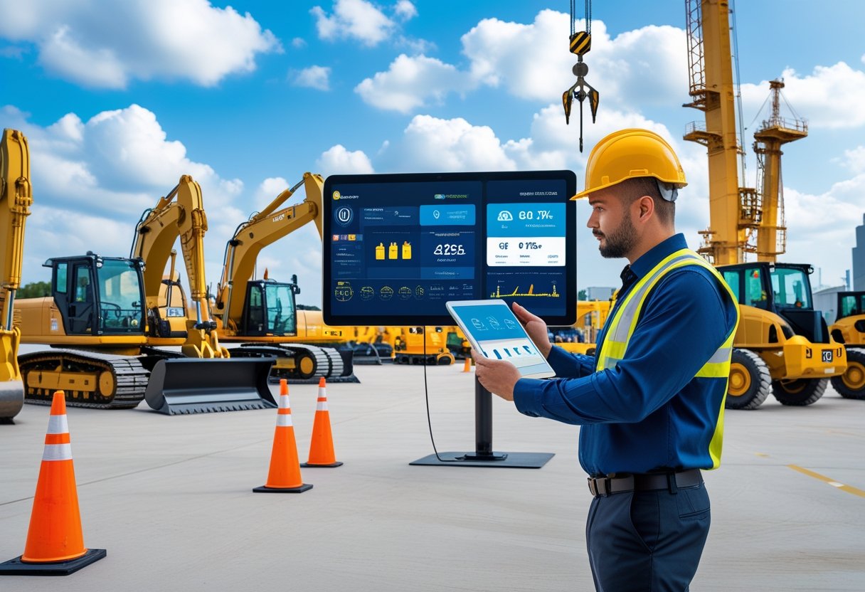 A fleet manager using a tablet to monitor heavy construction equipment arranged in a yard with a digital screen showing equipment data in the background.