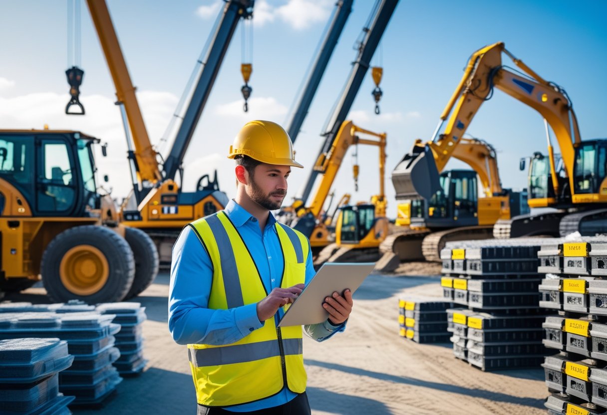 A construction manager reviews plans while heavy machinery operates at a busy construction site.