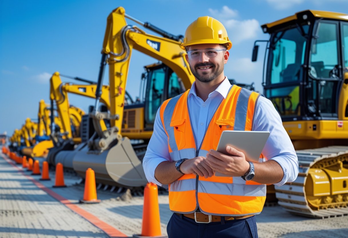 A site manager in safety gear stands beside large excavators and bulldozers at a construction site, holding a tablet.