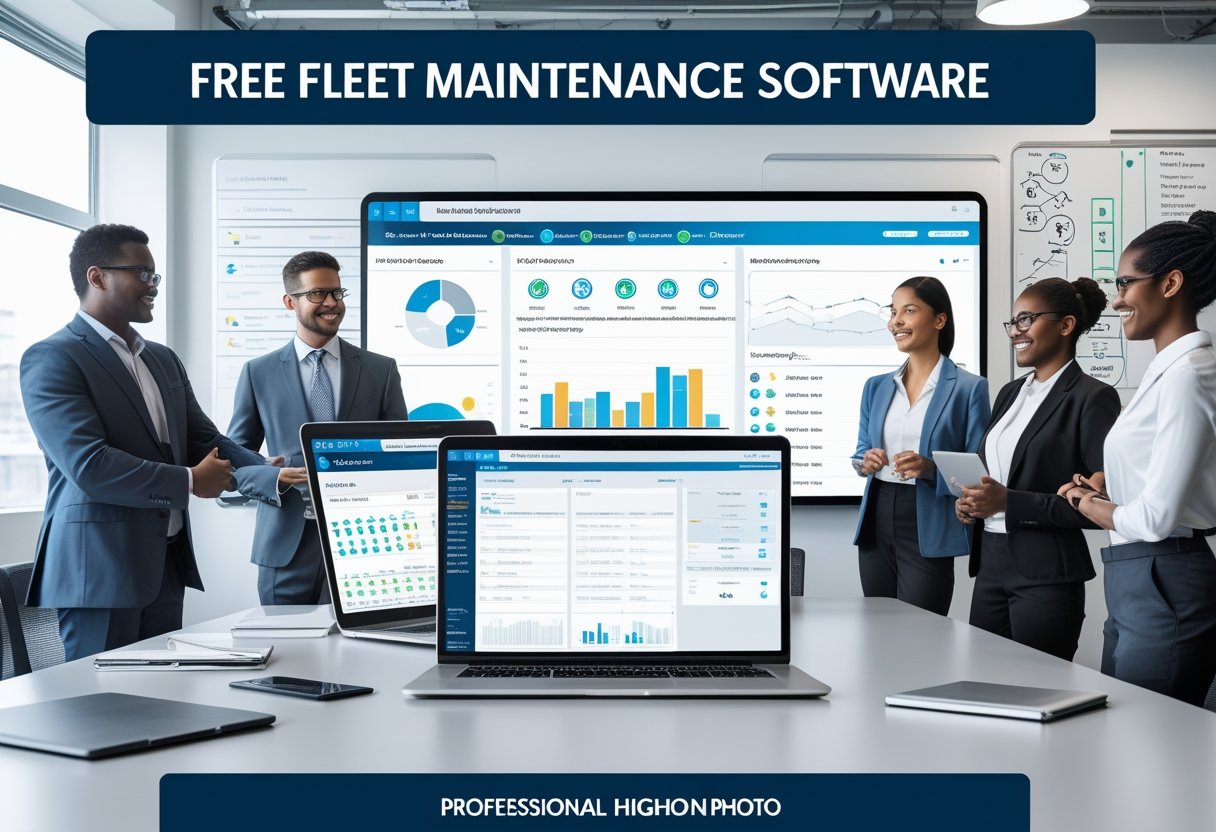 A team of professionals in an office reviewing a digital fleet maintenance dashboard on a touchscreen display and a laptop, surrounded by charts and notes related to vehicle upkeep.