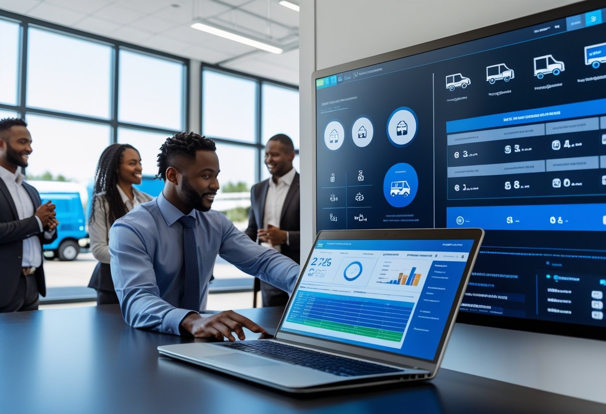 A team of professionals working with digital screens and laptops displaying fleet maintenance data, with commercial vehicles visible outside a modern office.