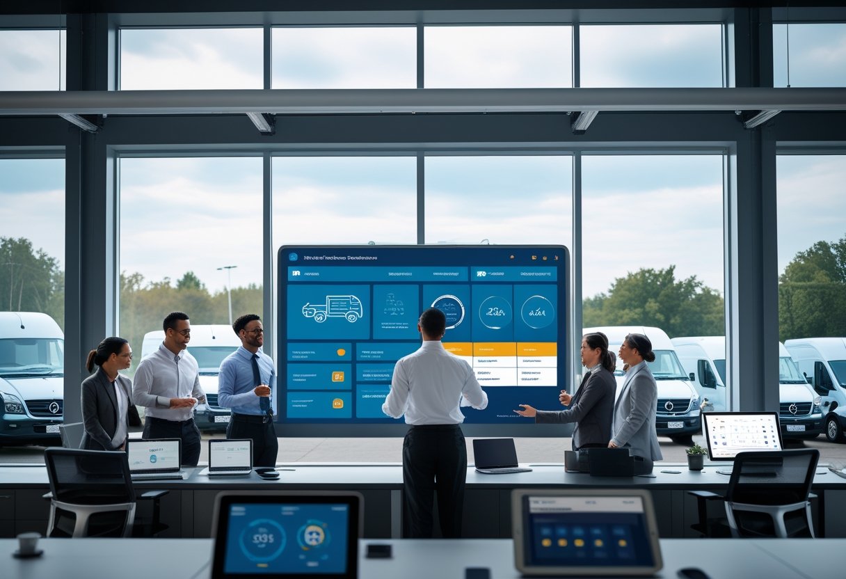 A team working together in an office with digital screens showing fleet maintenance data and vehicles parked outside.