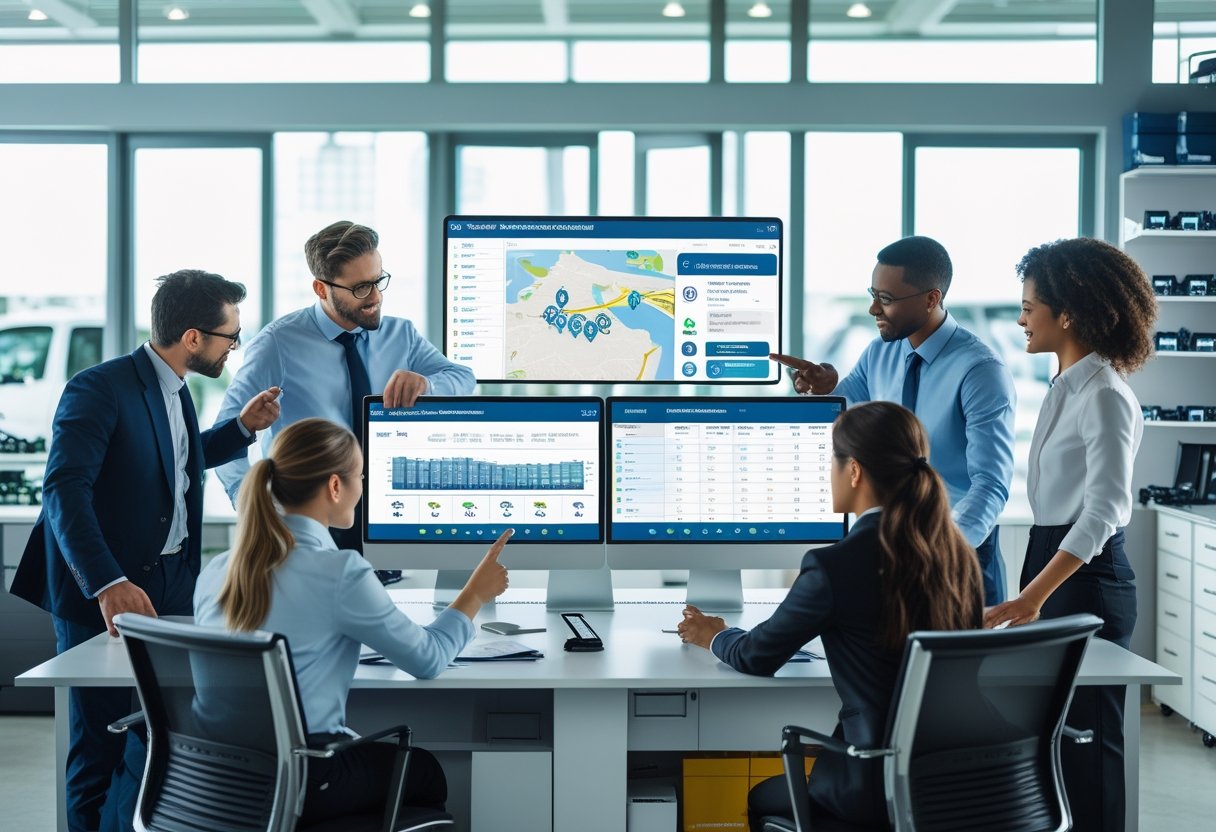 People working together around computers displaying vehicle maintenance software in a bright office.