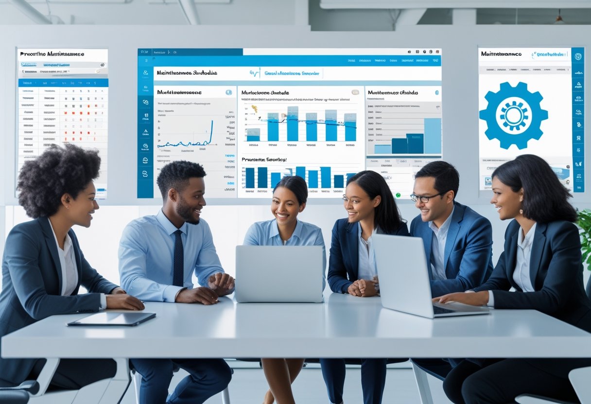 A small team of professionals working together in an office with laptops and tablets displaying maintenance schedules and data.