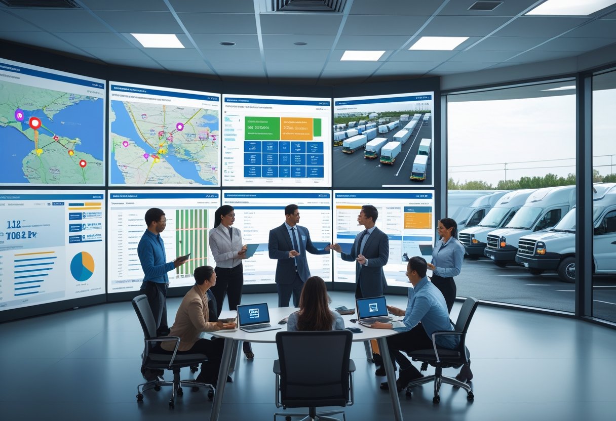 A team of professionals in a logistics control room analyzing fleet management data on screens and devices, with delivery vehicles parked outside.