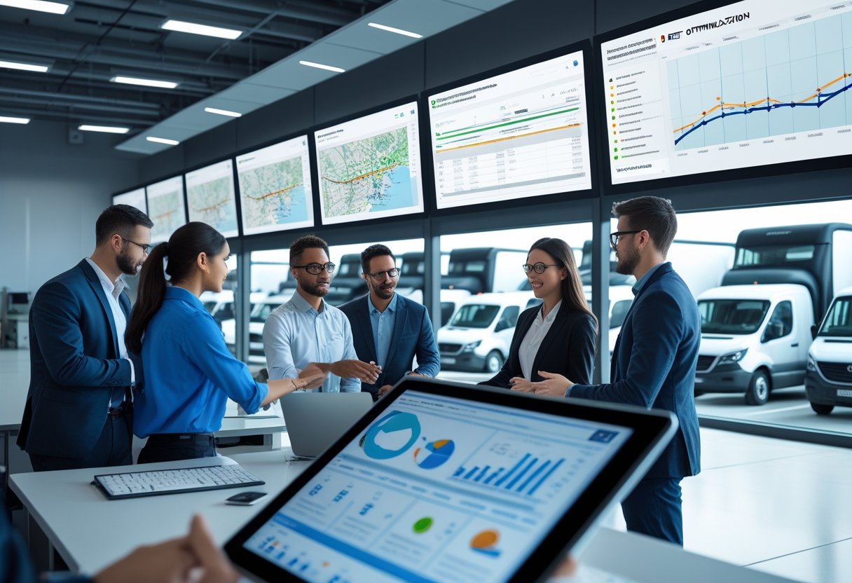 A team of professionals analyzing vehicle routes and data on screens in a logistics control room with a fleet of trucks visible outside.