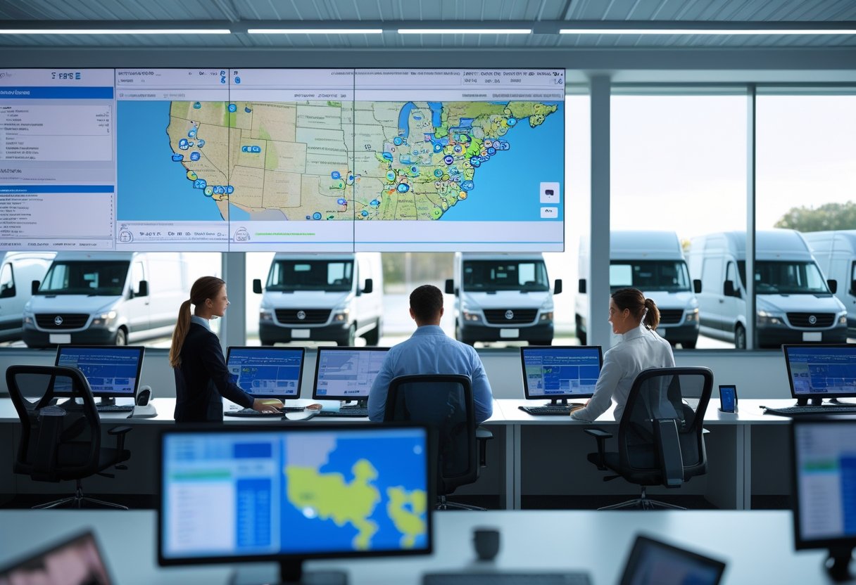 A logistics control room with professionals monitoring vehicle locations and tracking data on screens, with delivery trucks visible outside.