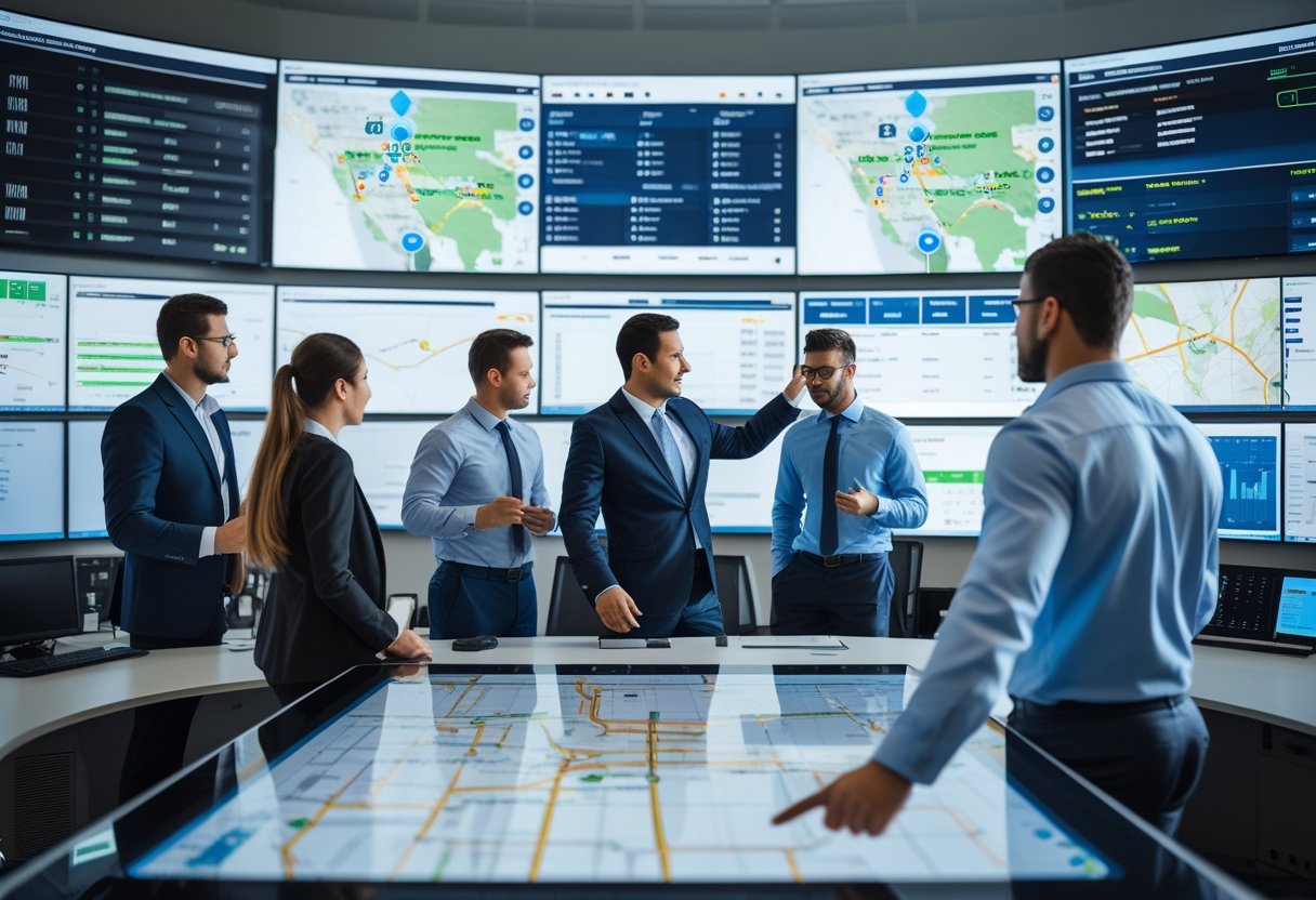 People monitoring real-time vehicle locations on digital maps in a logistics control room.