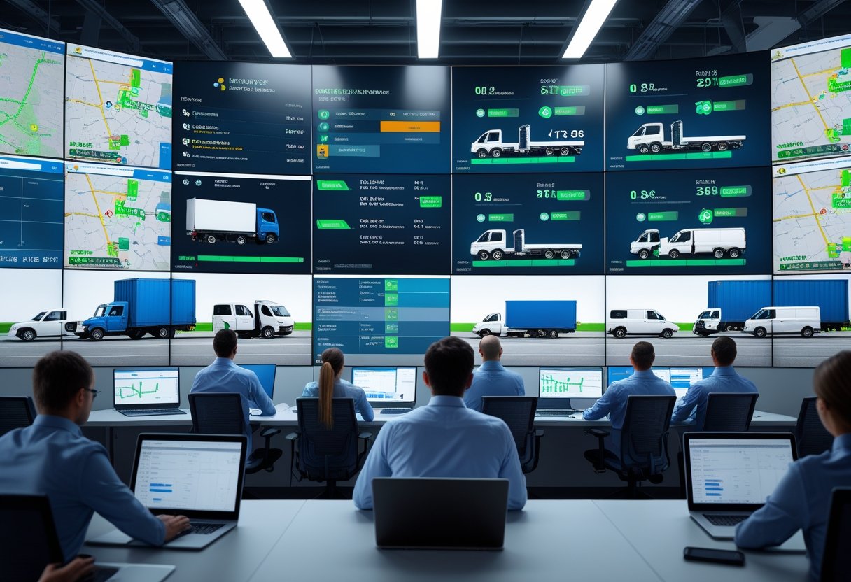 A team of professionals monitoring fleet vehicles on large digital screens showing maps and GPS tracking data in a modern control room.