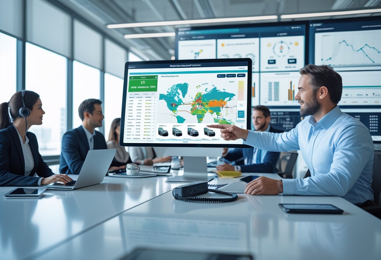 A team of professionals in an office reviewing real-time fleet tracking data on digital screens and devices.