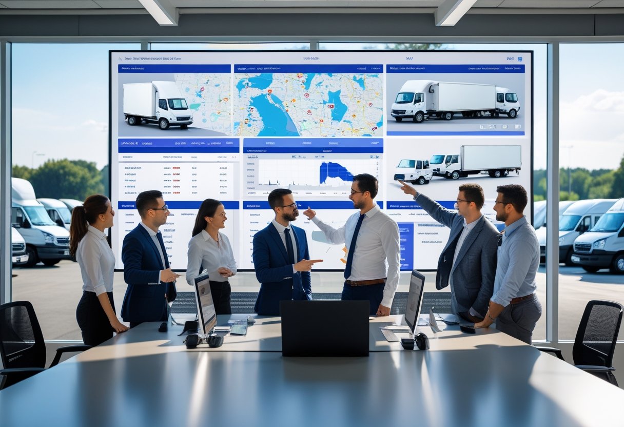 A team of professionals working together in an office with digital screens showing fleet vehicle data and a fleet of trucks visible outside the window.