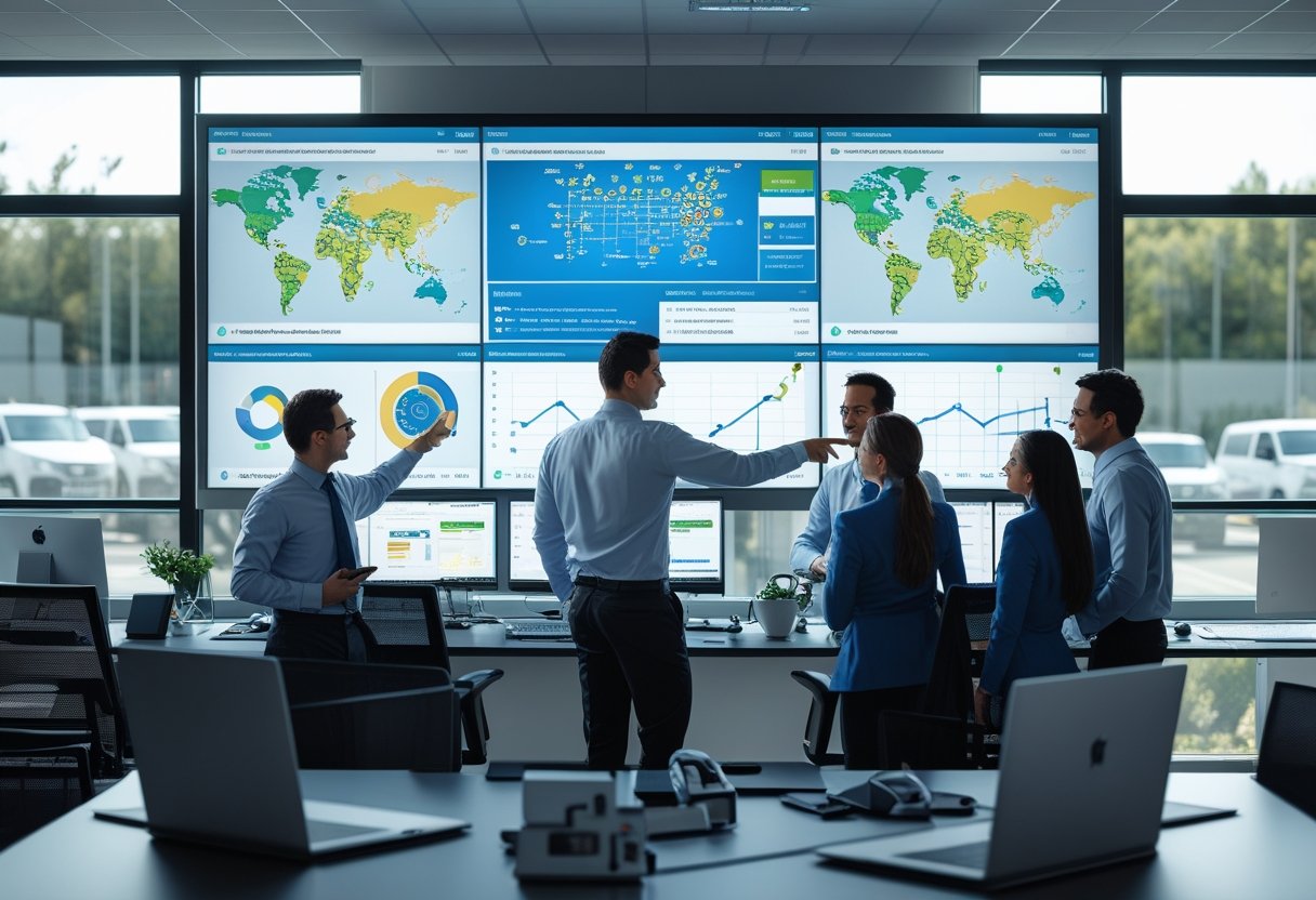 A team of professionals in an office reviewing vehicle locations and data on large digital screens related to fleet management.