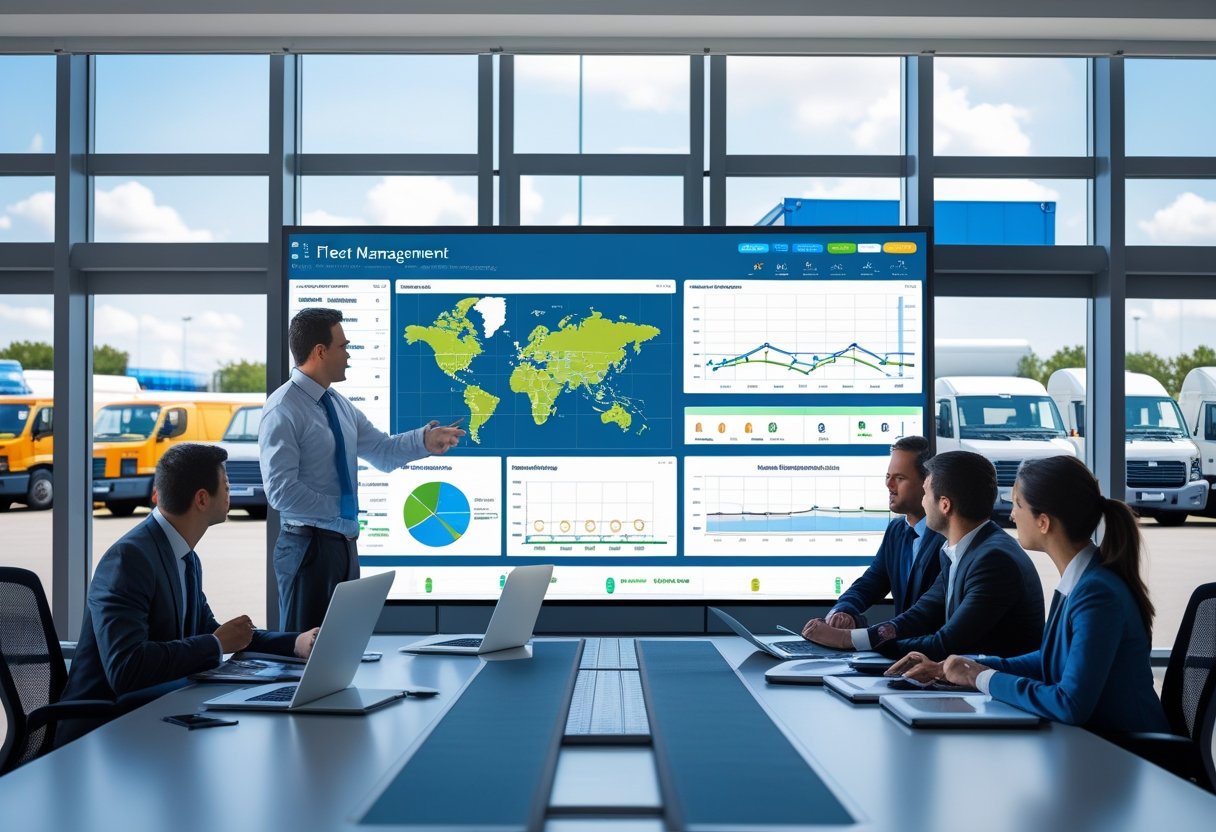 A team of professionals in an office reviewing a digital fleet management dashboard with vehicles visible outside a window.