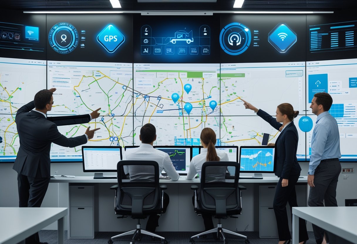 A team of professionals monitoring real-time vehicle locations and data on large screens in a fleet management control room.