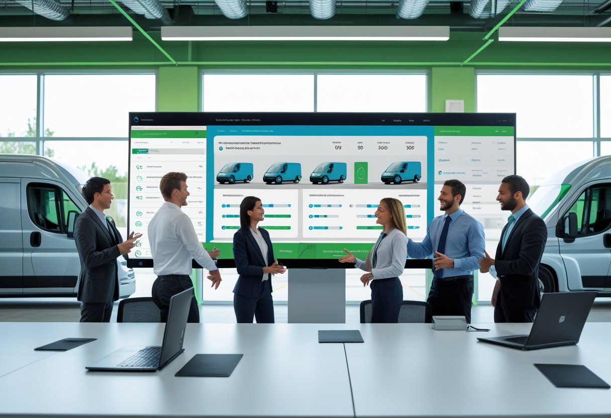 Business professionals collaborating around digital screens displaying electric vehicle fleet data with electric delivery vans visible outside a modern office.