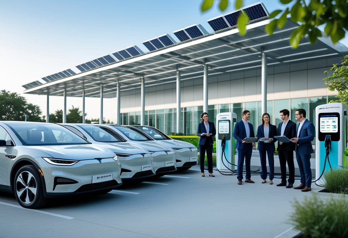 A group of professionals discussing electric vehicle fleet management near electric cars parked by charging stations outside a modern building.