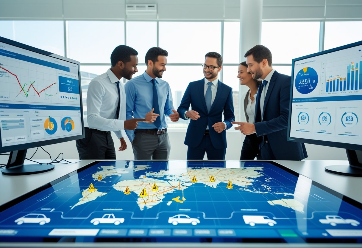 Business professionals collaborating around a digital touchscreen table displaying fleet tracking maps and data in a modern office.