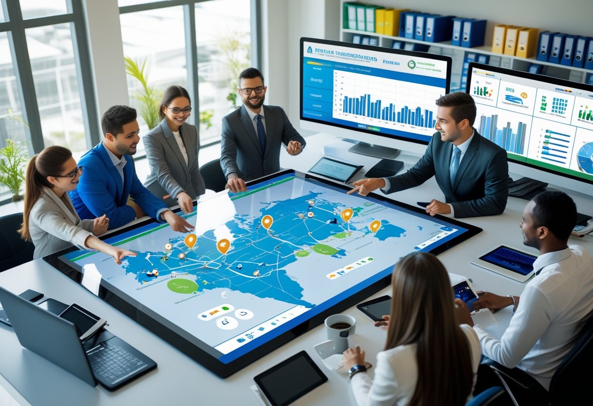 Business professionals collaborating around a digital touchscreen table displaying fleet routes and data in a modern office.