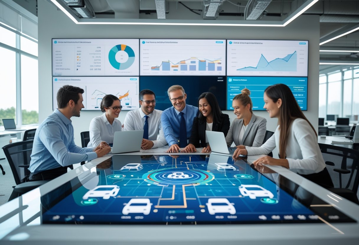 A team of professionals working together in an office with digital screens showing fleet management data and vehicle tracking maps.