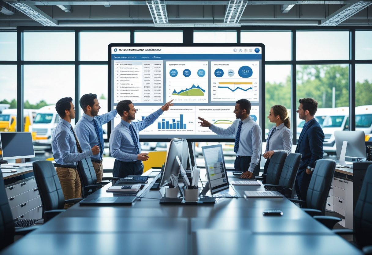 A team of maintenance professionals collaborating around a digital touchscreen showing fleet maintenance software in a modern office with vehicles visible outside.