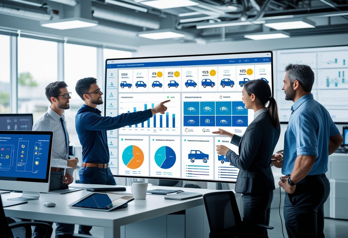 A group of professionals collaborating around a digital touchscreen displaying fleet maintenance software with graphs and vehicle icons in a modern office.