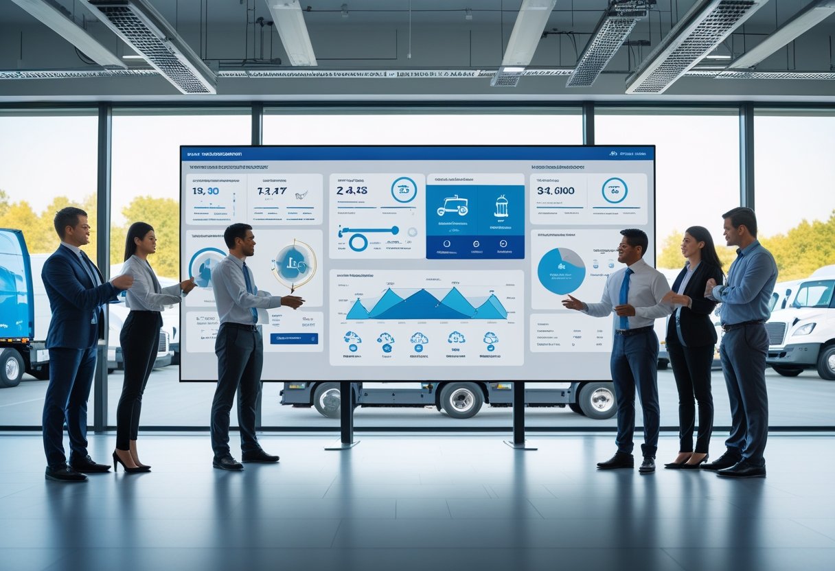 A team of professionals collaborating around a digital touchscreen table displaying fleet management data, with trucks and vans visible outside the office windows.