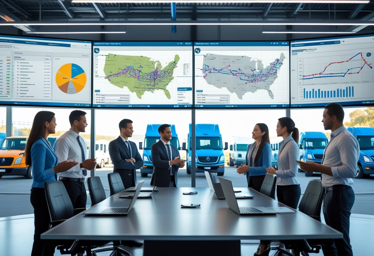 A group of professionals discussing fleet management in a control room with digital maps and fleet vehicles visible outside.