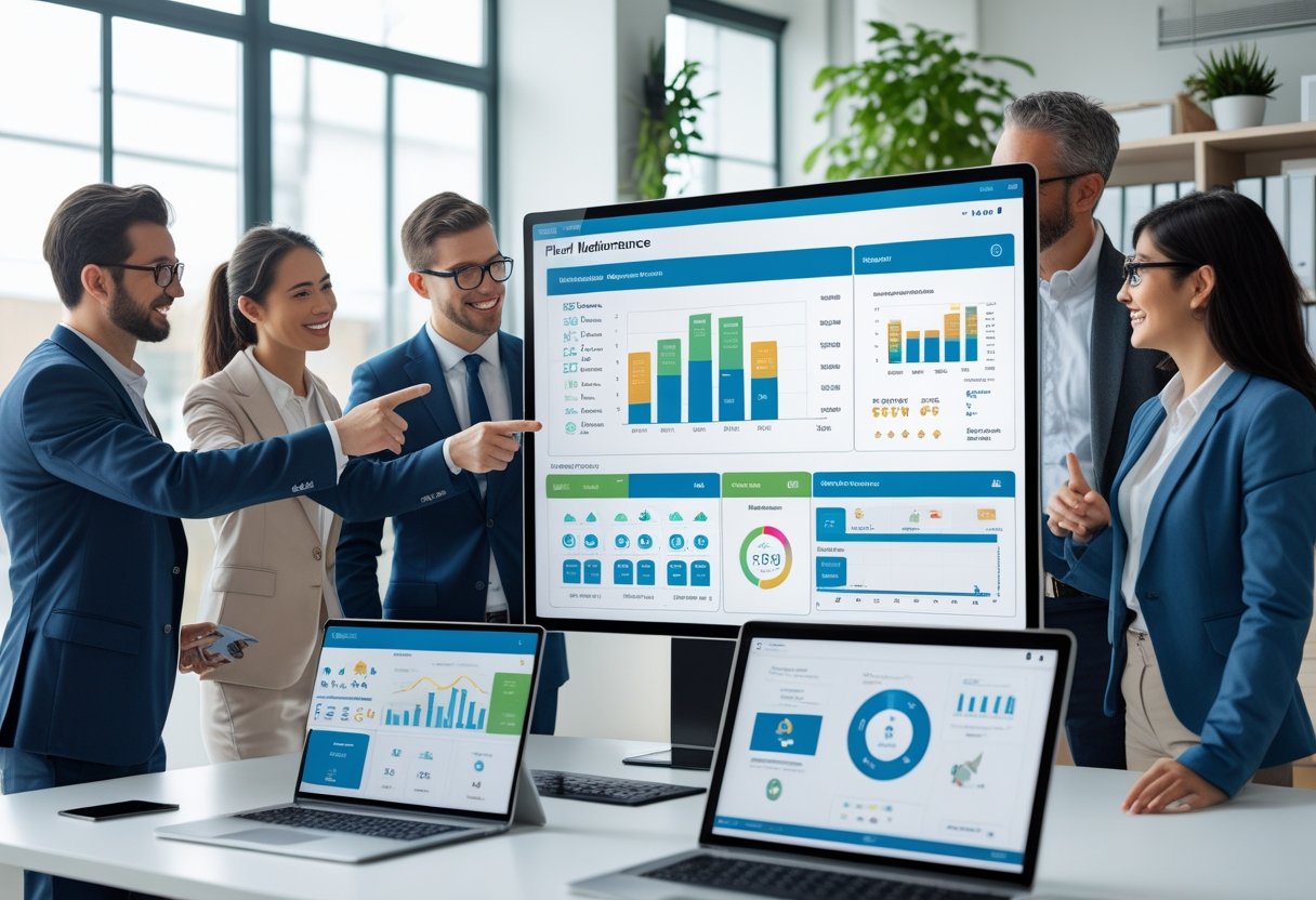 A team of professionals collaborating around a digital touchscreen displaying fleet maintenance data in a bright office.
